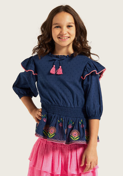 Juniors Embroidered Peplum Top with Ruffles and Bow Accent-Blouses-image-1