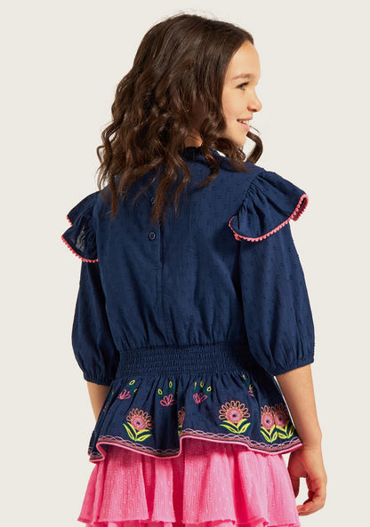 Juniors Embroidered Peplum Top with Ruffles and Bow Accent-Blouses-image-3