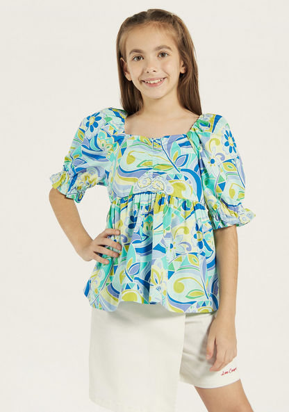 Juniors All-Over Floral Print A-line Top with Square Neck-Blouses-image-0