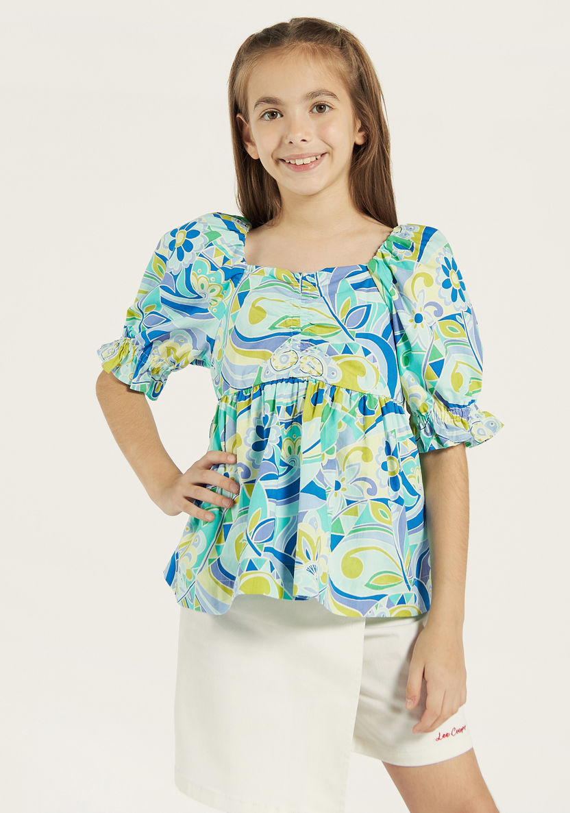 Juniors All-Over Floral Print A-line Top with Square Neck-Blouses-image-0