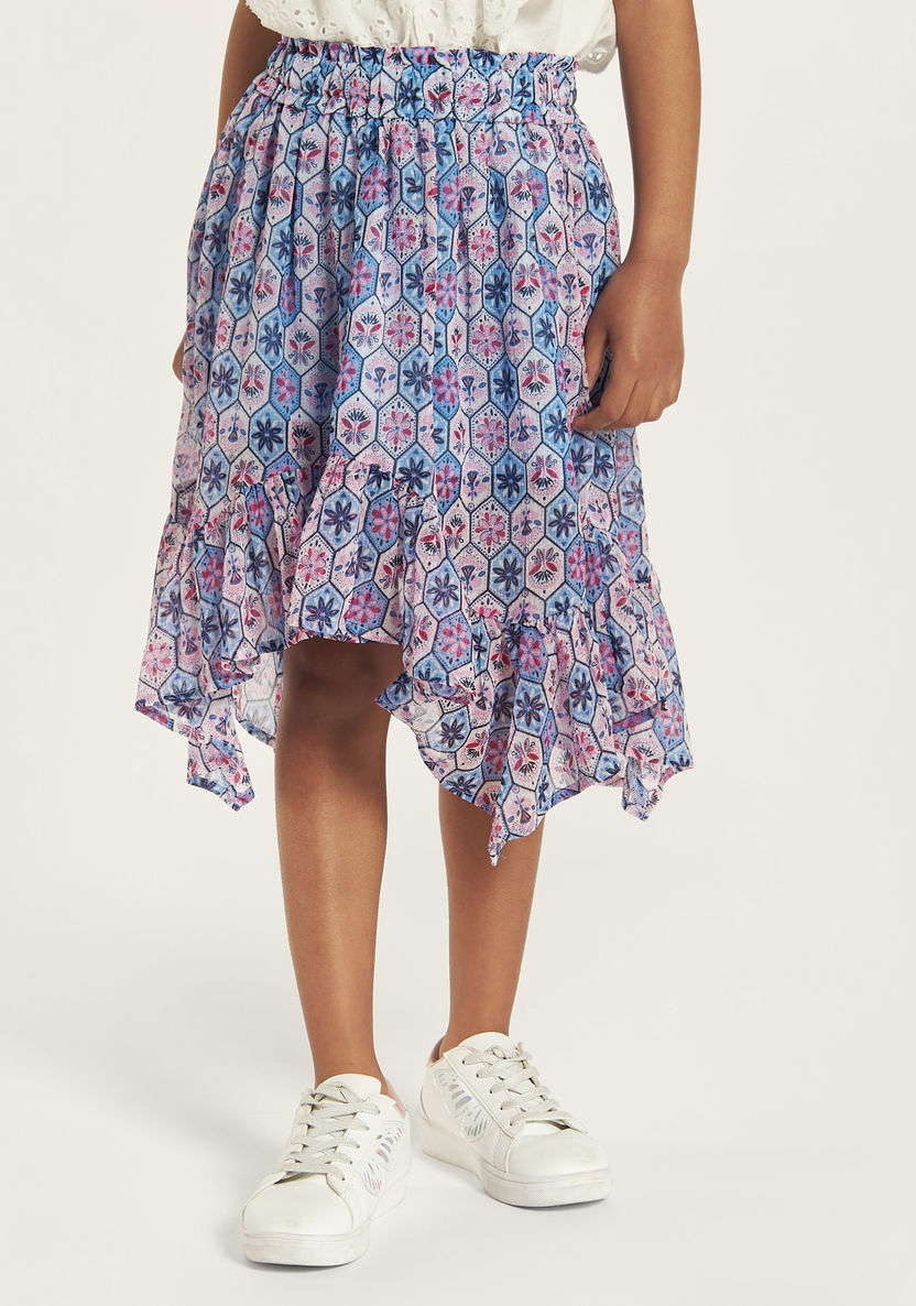Juniors All-Over Print Asymmetric Skirt with Elasticised Waistband-Skirts-image-1