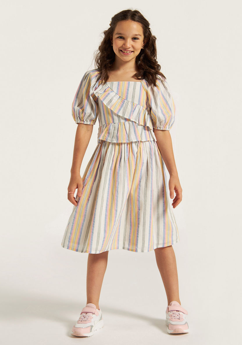 Juniors Striped Dress with Square Neck and Ruffle Detail-Dresses%2C Gowns and Frocks-image-0