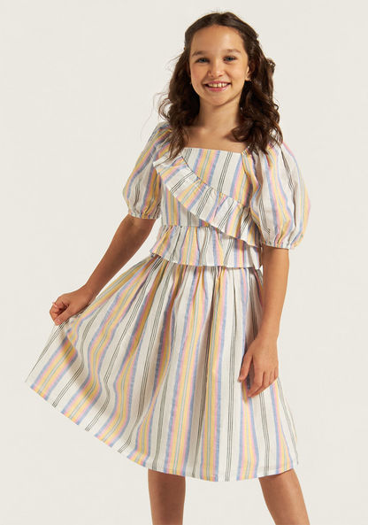 Juniors Striped Dress with Square Neck and Ruffle Detail-Dresses%2C Gowns and Frocks-image-1