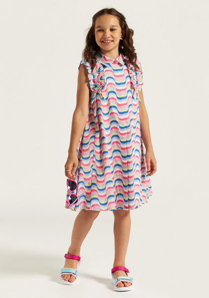 Juniors Printed Sleeveless Dress with Collar and Ruffle Detail-Dresses%2C Gowns and Frocks-image-0