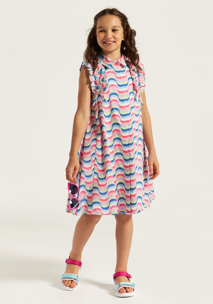 Juniors Printed Sleeveless Dress with Collar and Ruffle Detail-Dresses, Gowns & Frocks-image-0