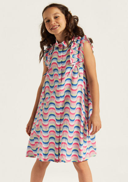 Juniors Printed Sleeveless Dress with Collar and Ruffle Detail-Dresses%2C Gowns and Frocks-image-1