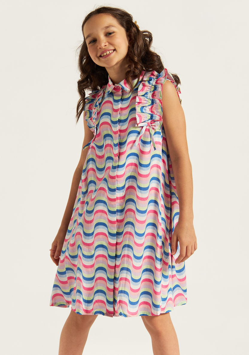 Juniors Printed Sleeveless Dress with Collar and Ruffle Detail-Dresses, Gowns & Frocks-image-1