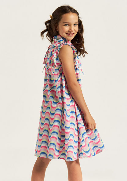 Juniors Printed Sleeveless Dress with Collar and Ruffle Detail-Dresses%2C Gowns and Frocks-image-3