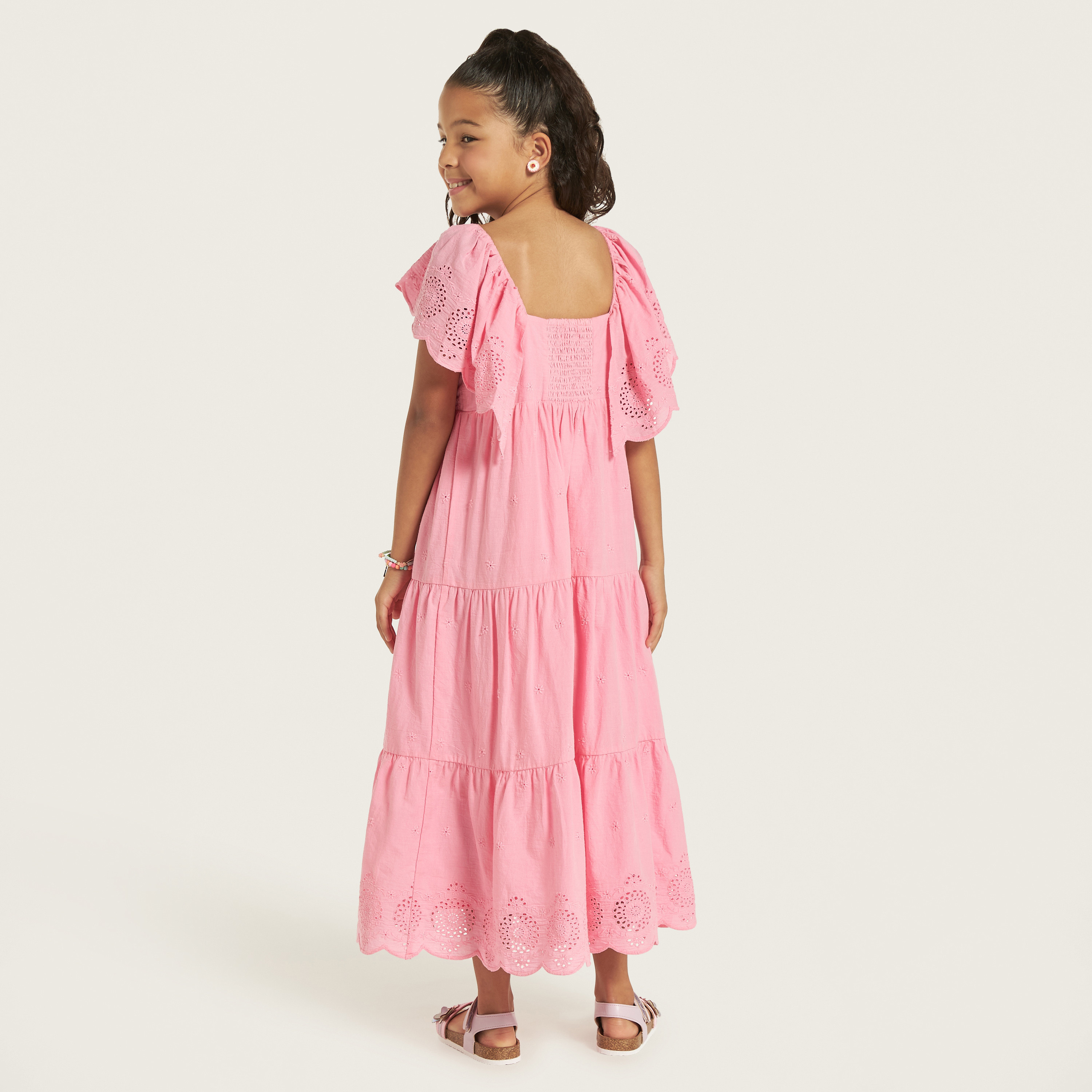 Buy Juniors Schiffli Tiered Dress with Flutter Sleeves Online for