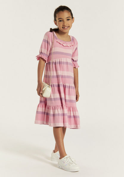 Juniors Striped Tiered Dress with Ruffles and Shirred Detail-Dresses%2C Gowns and Frocks-image-0