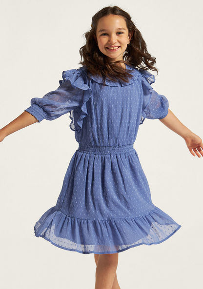 Juniors Textured Tiered Dress with Ruffle Detail and Elasticated Waistband-Dresses%2C Gowns and Frocks-image-1