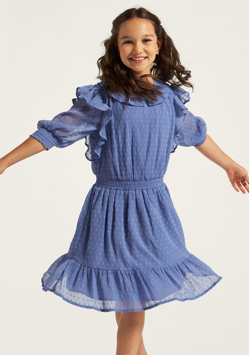 Juniors Textured Tiered Dress with Ruffle Detail and Elasticated Waistband-Dresses, Gowns & Frocks-image-1