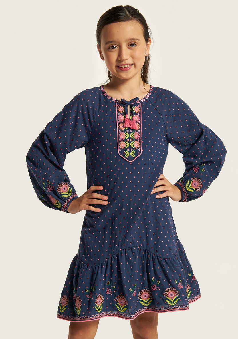 Juniors Embroidered Round Neck Dress with Drop Waist and Long Sleeves-Dresses, Gowns & Frocks-image-0