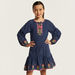 Juniors Embroidered Round Neck Dress with Drop Waist and Long Sleeves-Dresses%2C Gowns and Frocks-thumbnail-0