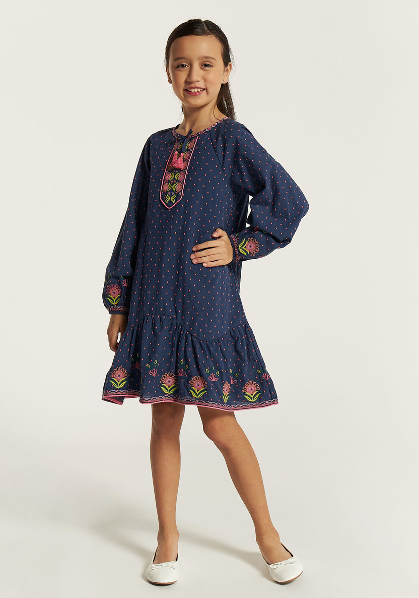 Juniors Embroidered Round Neck Dress with Drop Waist and Long Sleeves-Dresses, Gowns & Frocks-image-1