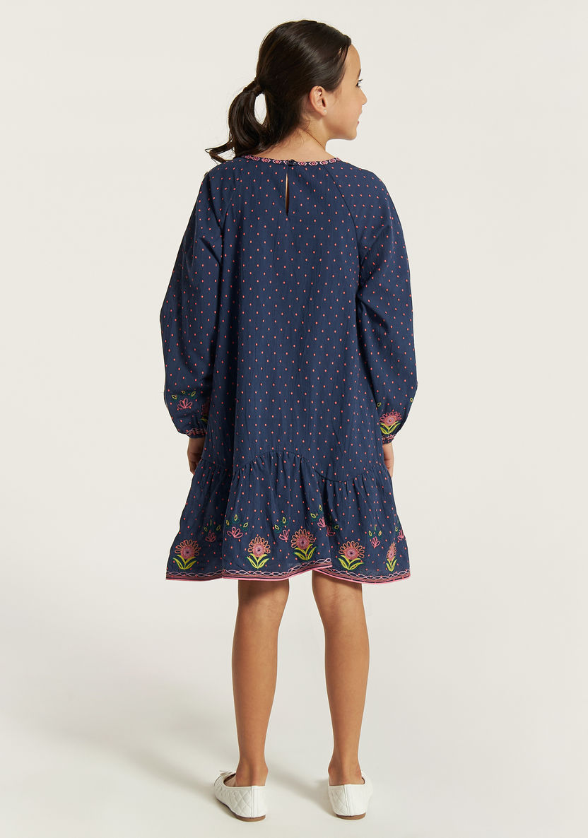Juniors Embroidered Round Neck Dress with Drop Waist and Long Sleeves-Dresses, Gowns & Frocks-image-3