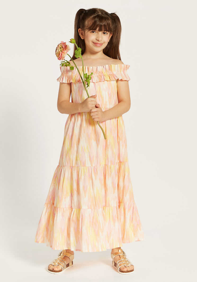 Juniors All-Over Print Off Shoulder Tiered Maxi Dress with Ruffle Detail-Dresses%2C Gowns and Frocks-image-0