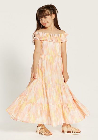 Juniors All-Over Print Off Shoulder Tiered Maxi Dress with Ruffle Detail-Dresses%2C Gowns and Frocks-image-1