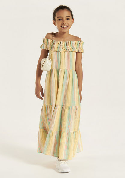 Juniors Striped Tiered Dress with Off Shoulder Detail-Dresses%2C Gowns and Frocks-image-0