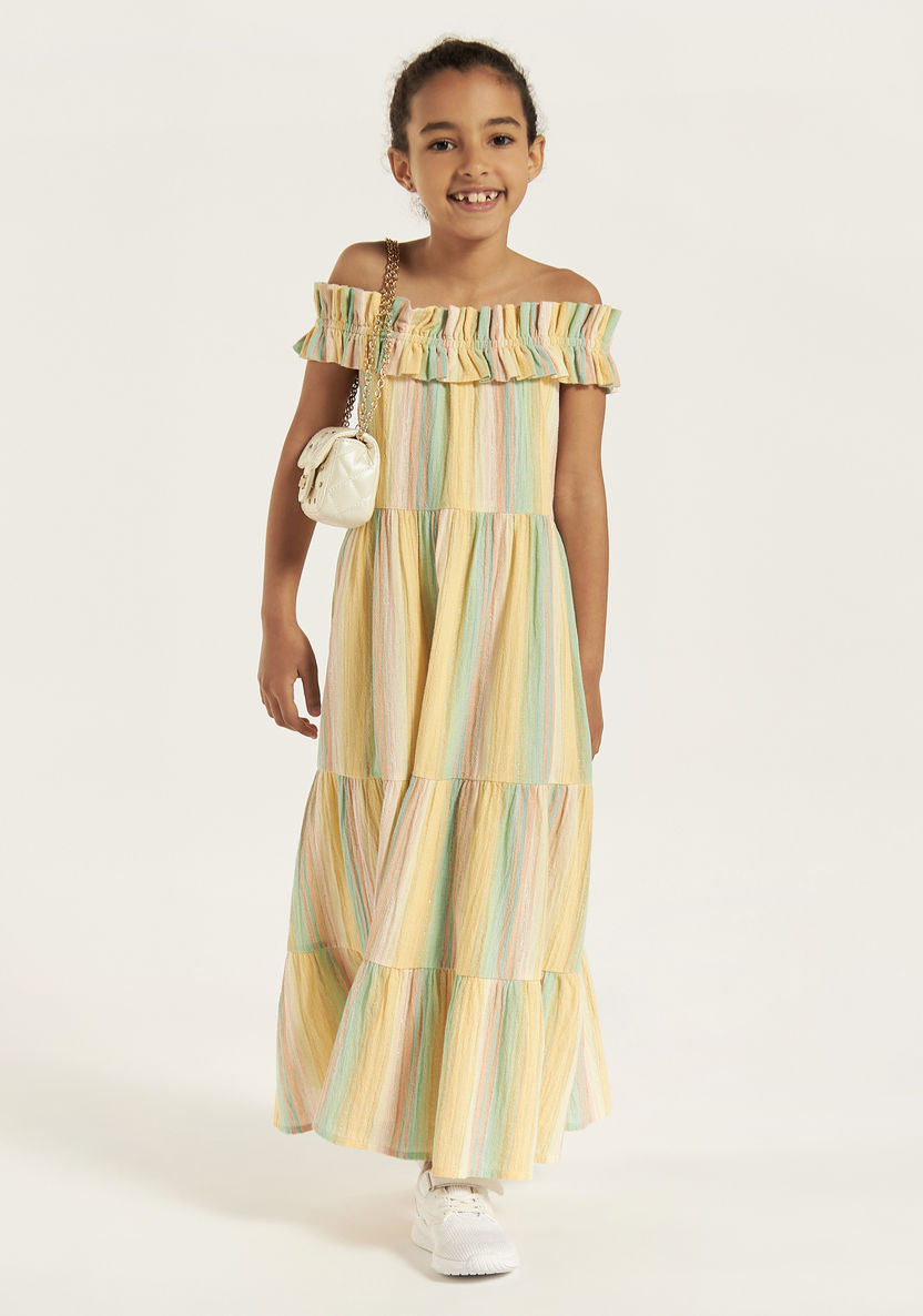 Juniors Striped Tiered Dress with Off Shoulder Detail-Dresses%2C Gowns and Frocks-image-0