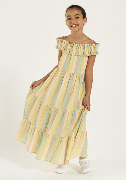 Juniors Striped Tiered Dress with Off Shoulder Detail-Dresses%2C Gowns and Frocks-image-1