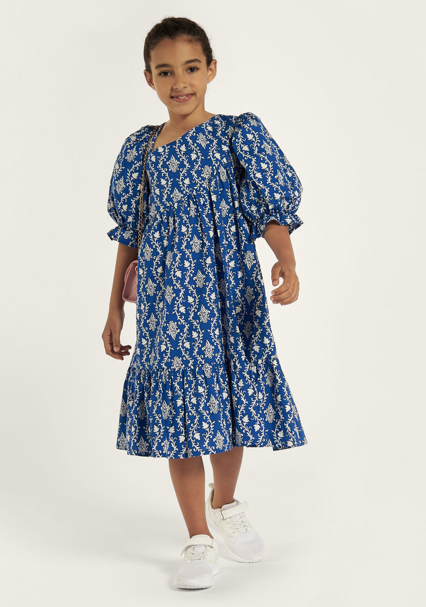 Juniors All-Over Print Dress with Puff Sleeves and Flounce Hem-Dresses, Gowns & Frocks-image-0