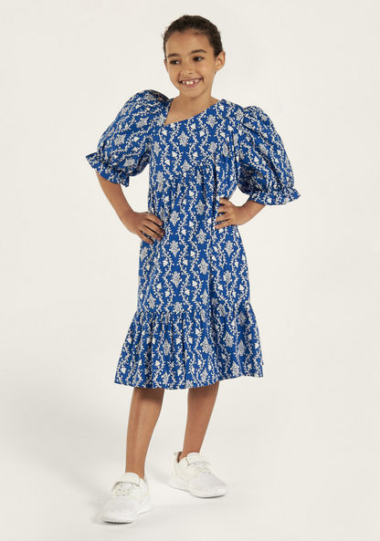Juniors All-Over Print Dress with Puff Sleeves and Flounce Hem-Dresses%2C Gowns and Frocks-image-1