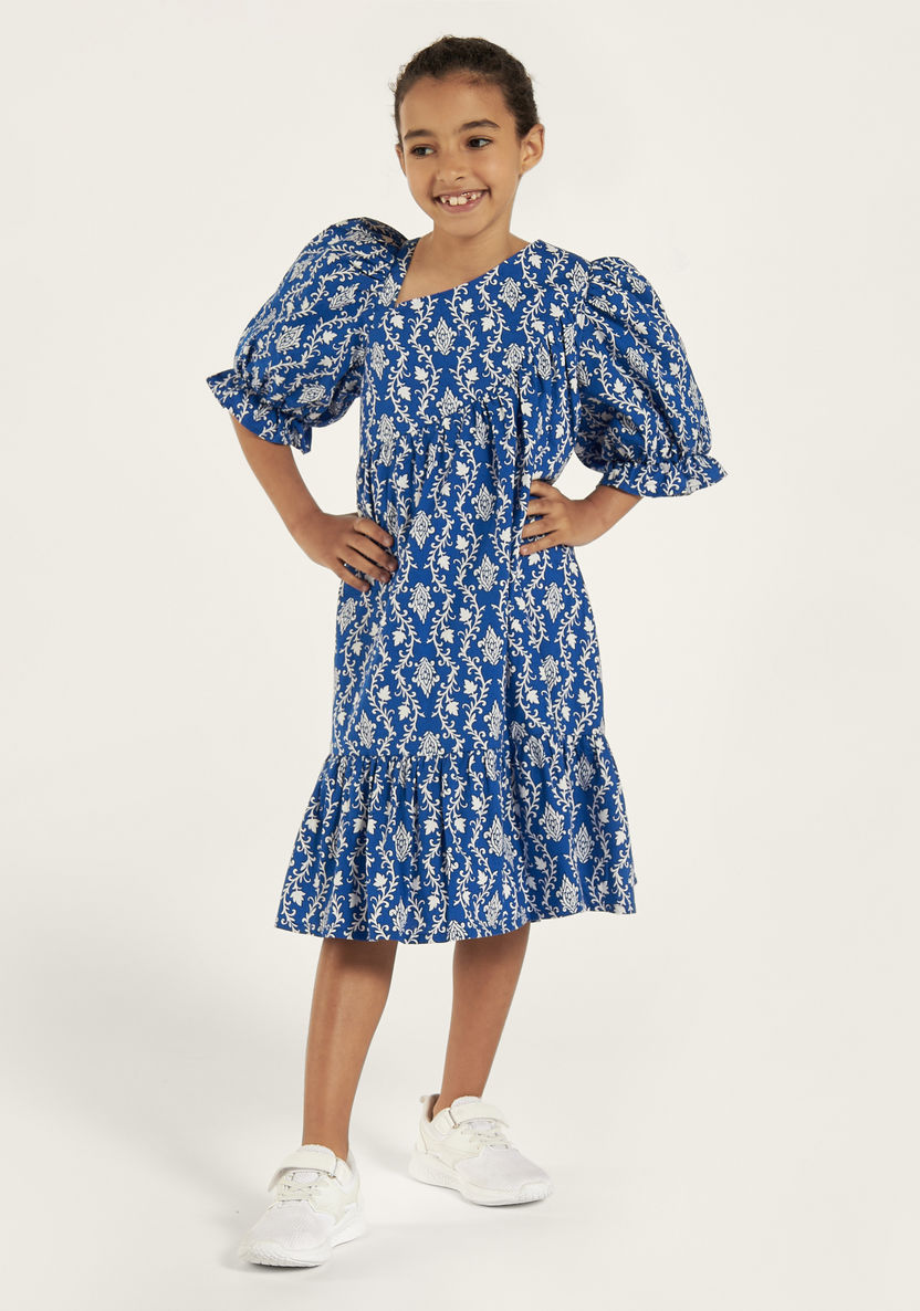 Juniors All-Over Print Dress with Puff Sleeves and Flounce Hem-Dresses, Gowns & Frocks-image-1