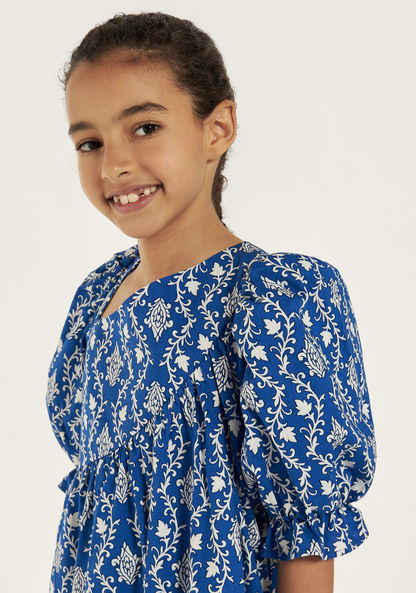 Juniors All-Over Print Dress with Puff Sleeves and Flounce Hem-Dresses%2C Gowns and Frocks-image-2