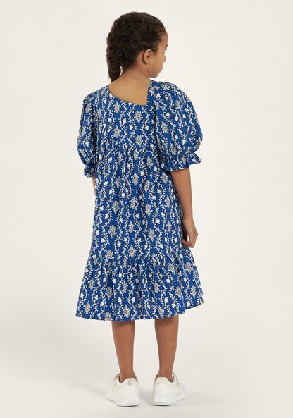 Juniors All-Over Print Dress with Puff Sleeves and Flounce Hem-Dresses%2C Gowns and Frocks-image-3