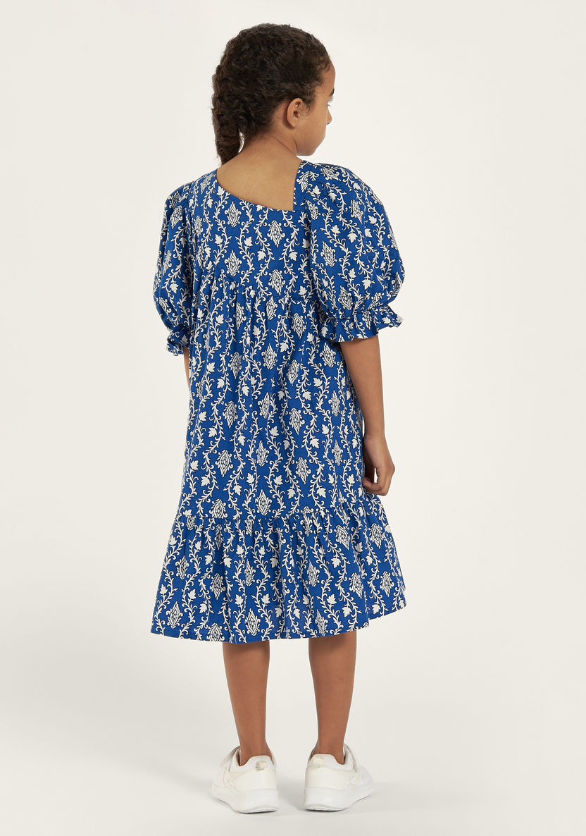 Juniors All-Over Print Dress with Puff Sleeves and Flounce Hem-Dresses, Gowns & Frocks-image-3