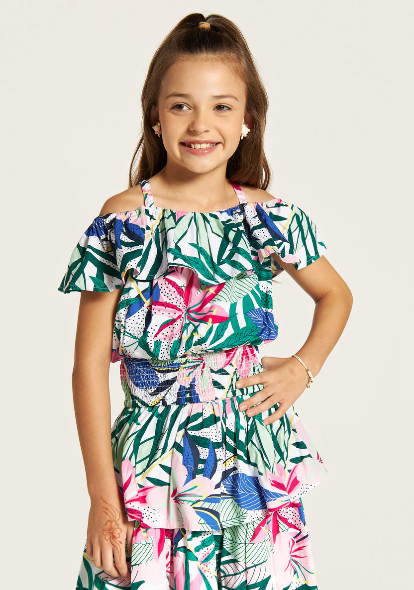 Juniors All-Over Floral Print Cold Shoulder Top and Tiered Skirt Set-Clothes Sets-image-1