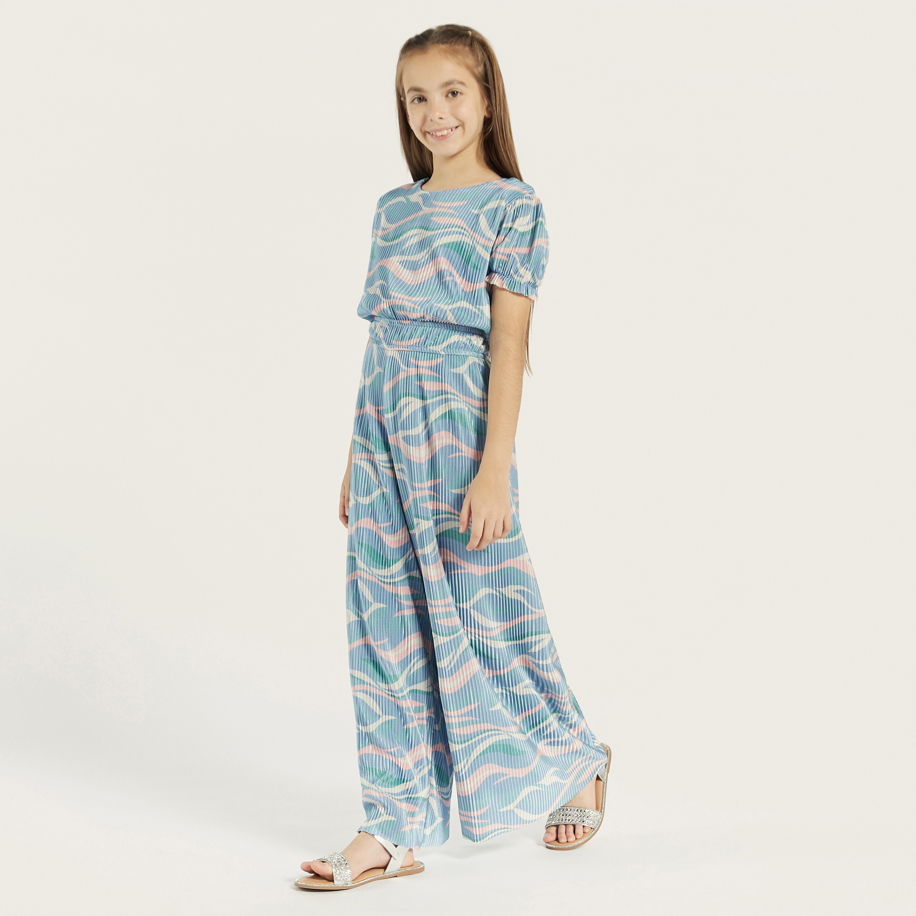 Juniors All Over Print Jumpsuit with Round Neck