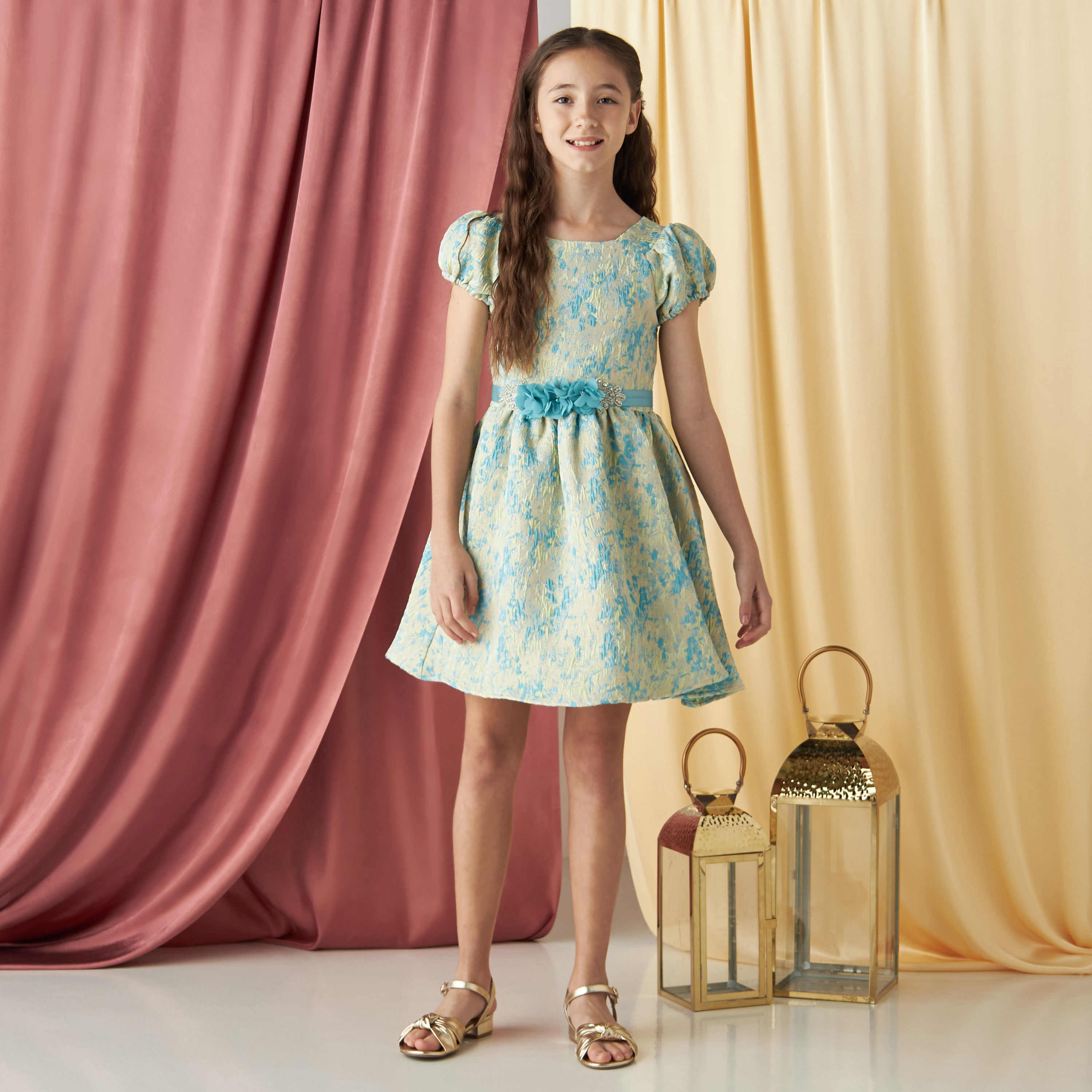 Buy Juniors Textured Dress with Tie Up Belt and Puff Sleeves Online Mothercare Bahrain