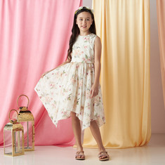 Juniors All-Over Floral Print Sleeveless Dress with Asymmetrical Hem