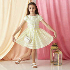 Juniors Striped Dress with Puff Sleeves and Zip Closure