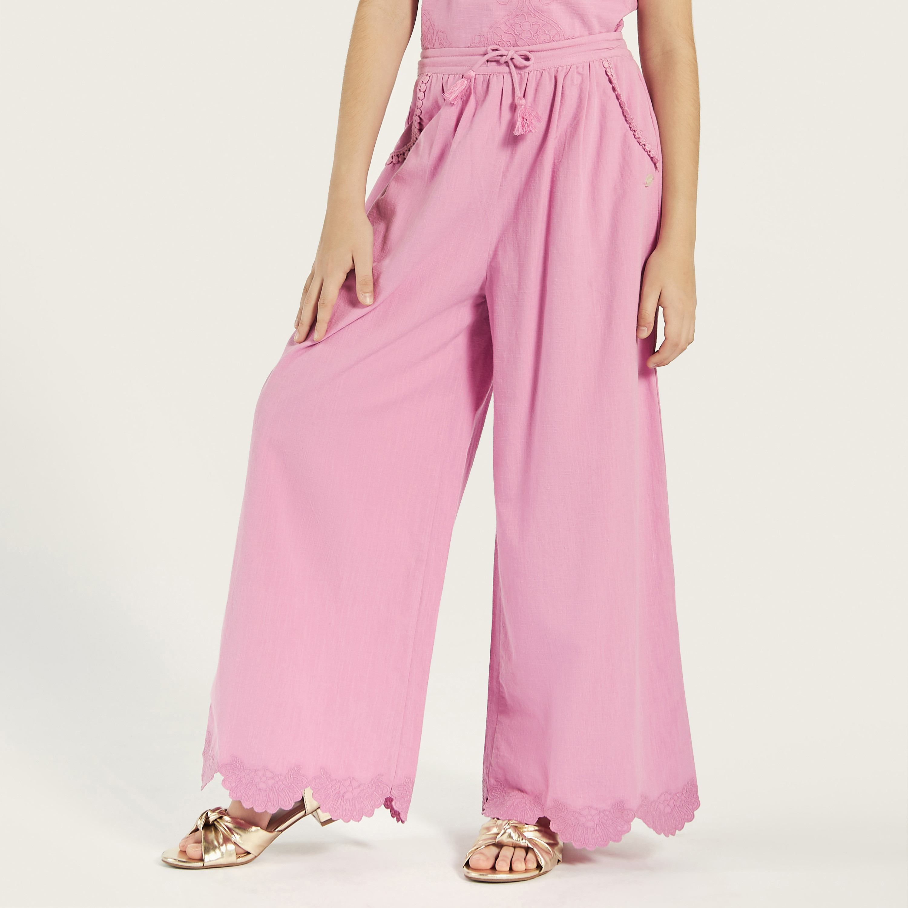 Eligo Solid Pants with Pockets and Lace Detail-girls-clothing-bottoms-trousers-image-1