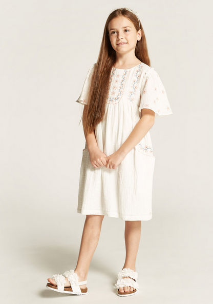Eligo Embroidered A-line Dress with Pockets and Short Flare Sleeves-Dresses%2C Gowns and Frocks-image-0