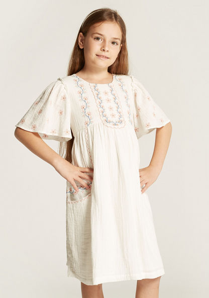 Eligo Embroidered A-line Dress with Pockets and Short Flare Sleeves-Dresses%2C Gowns and Frocks-image-1