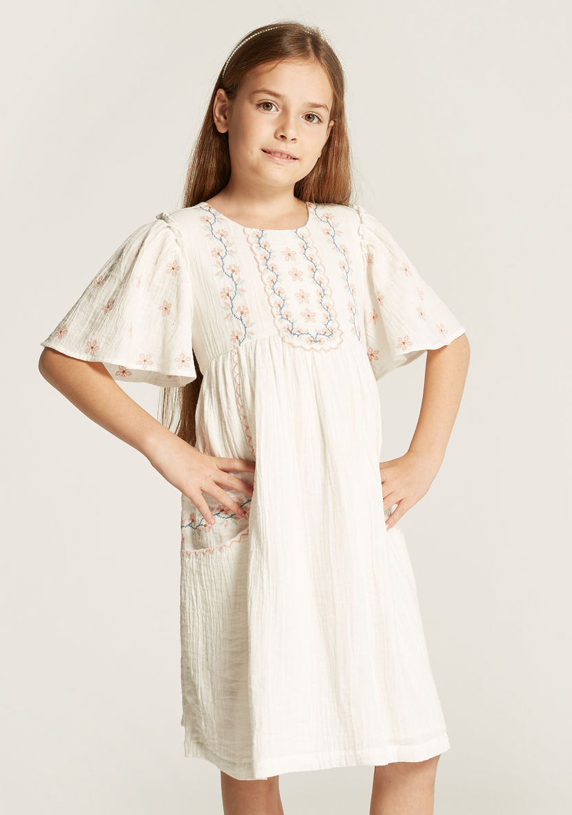 Eligo Embroidered A-line Dress with Pockets and Short Flare Sleeves-Dresses, Gowns & Frocks-image-1