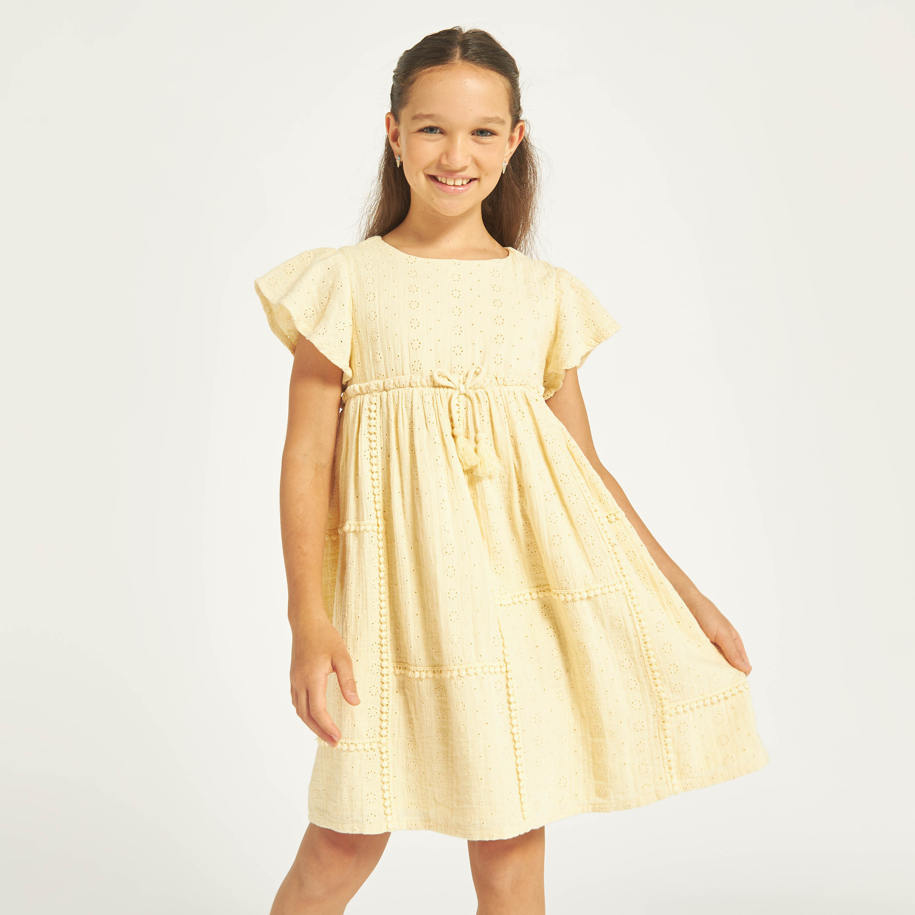 Eligo All-Over Schiffli Textured A-line Dress with Pom-Pom Lace-girls-clothing-dressesandjumpsuits-image-1