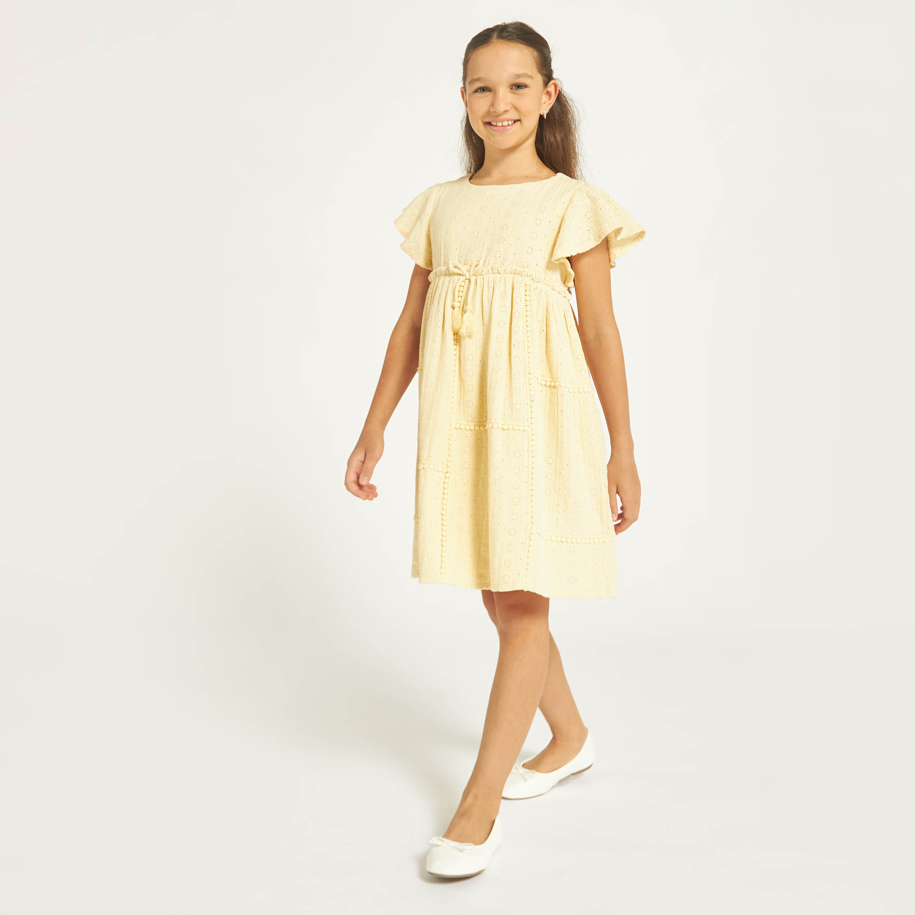 Eligo All-Over Schiffli Textured A-line Dress with Pom-Pom Lace-girls-clothing-dressesandjumpsuits-image-2