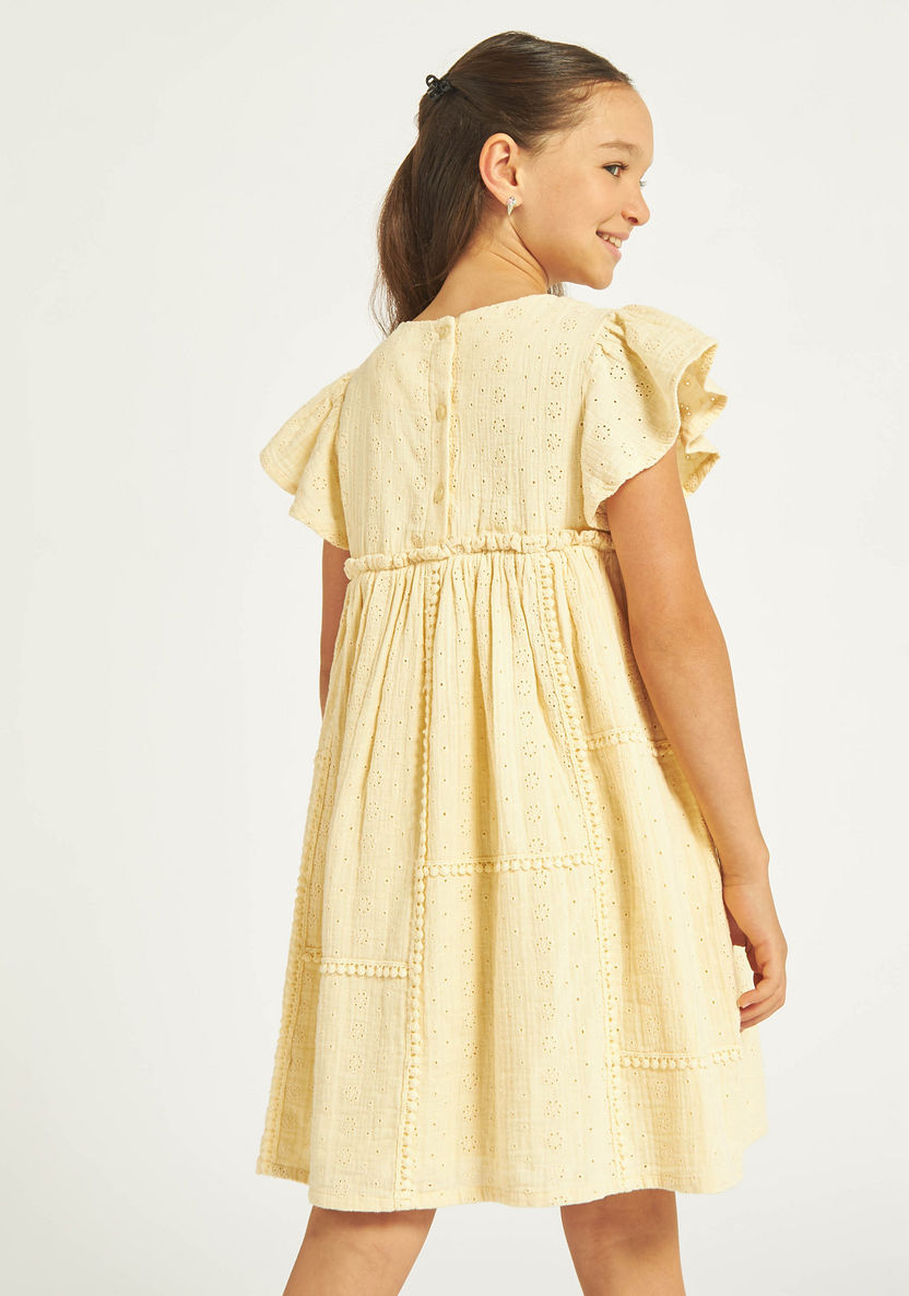 Eligo All-Over Schiffli Textured A-line Dress with Pom-Pom Lace-Dresses%2C Gowns and Frocks-image-2