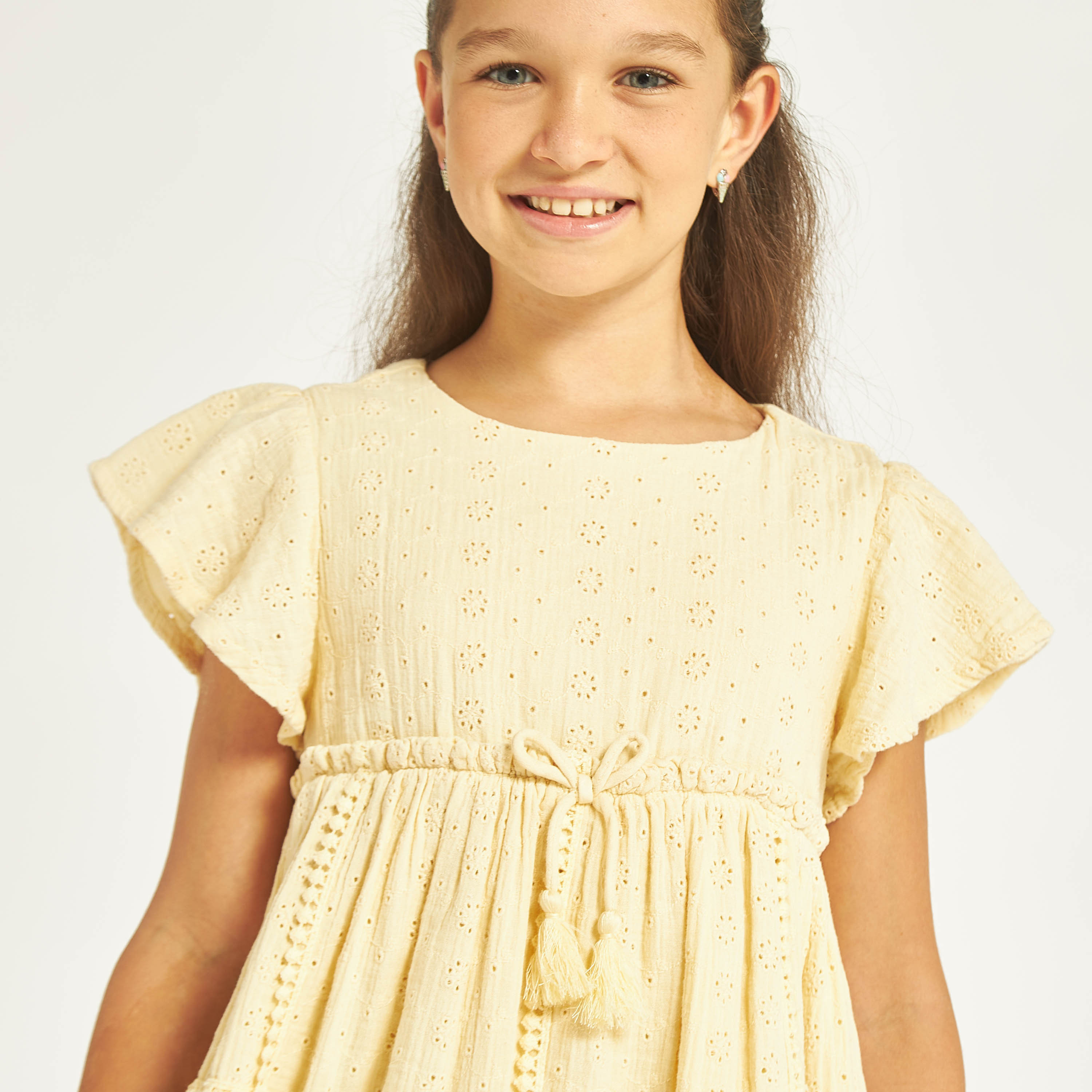 Eligo All-Over Schiffli Textured A-line Dress with Pom-Pom Lace-girls-clothing-dressesandjumpsuits-image-4