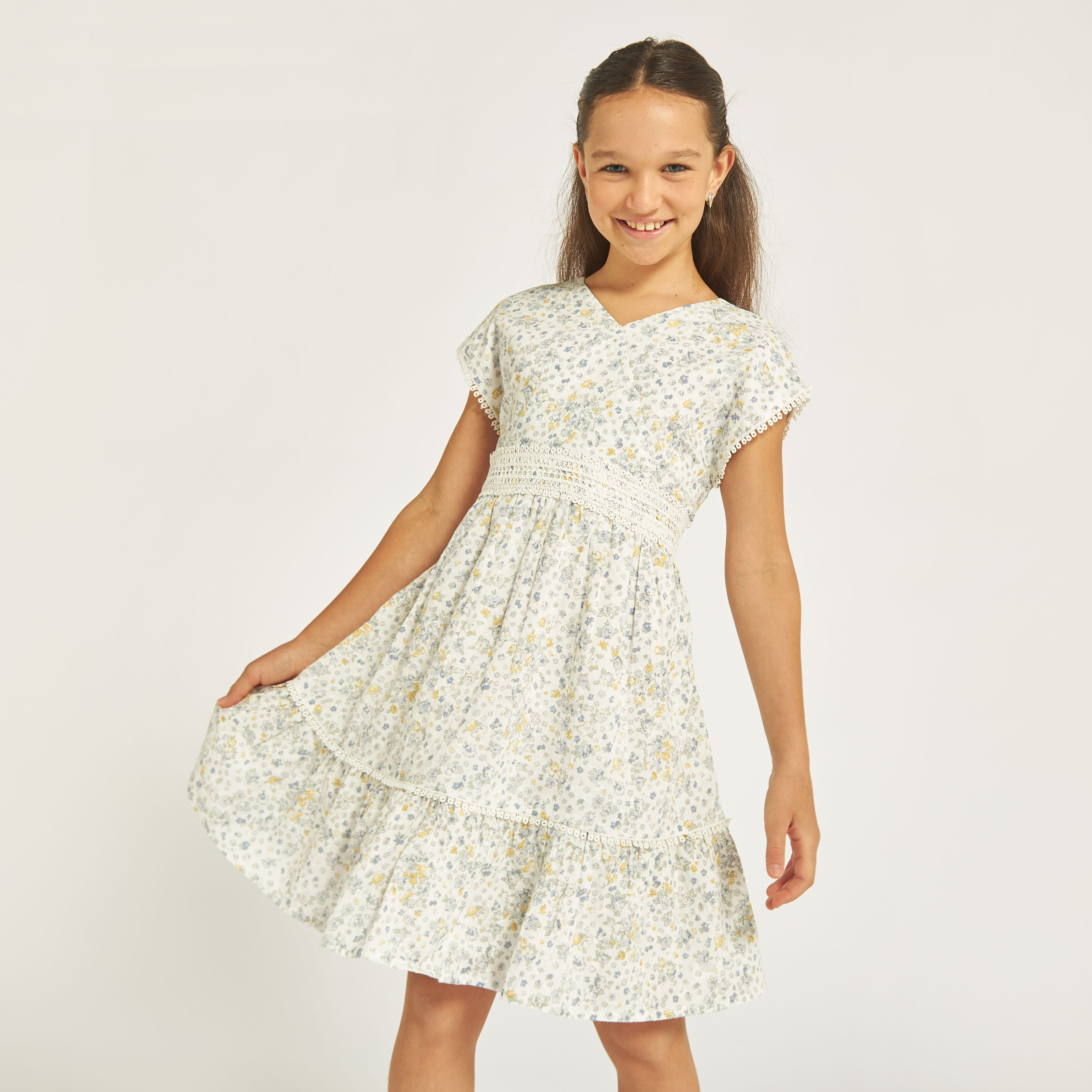 Eligo All-Over Floral Print A-line Dress with Lace Detail and V-neck-girls-clothing-dressesandjumpsuits-image-1