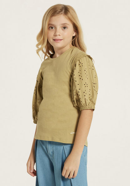 Lee Cooper Schiffli Detail Top with Round Neck and Puff Sleeves-T Shirts-image-1