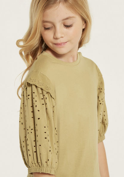 Lee Cooper Schiffli Detail Top with Round Neck and Puff Sleeves-T Shirts-image-2