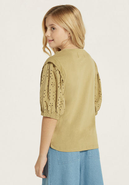 Lee Cooper Schiffli Detail Top with Round Neck and Puff Sleeves-T Shirts-image-3