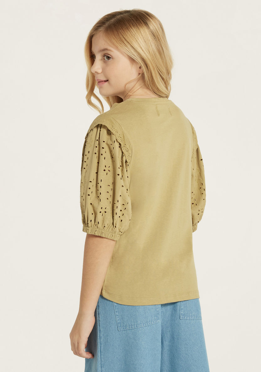 Lee Cooper Schiffli Detail Top with Round Neck and Puff Sleeves-T Shirts-image-3