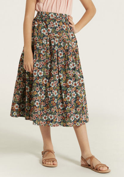 Lee Cooper Floral Print A-line Skirt with Elasticised Waistband-Skirts-image-1